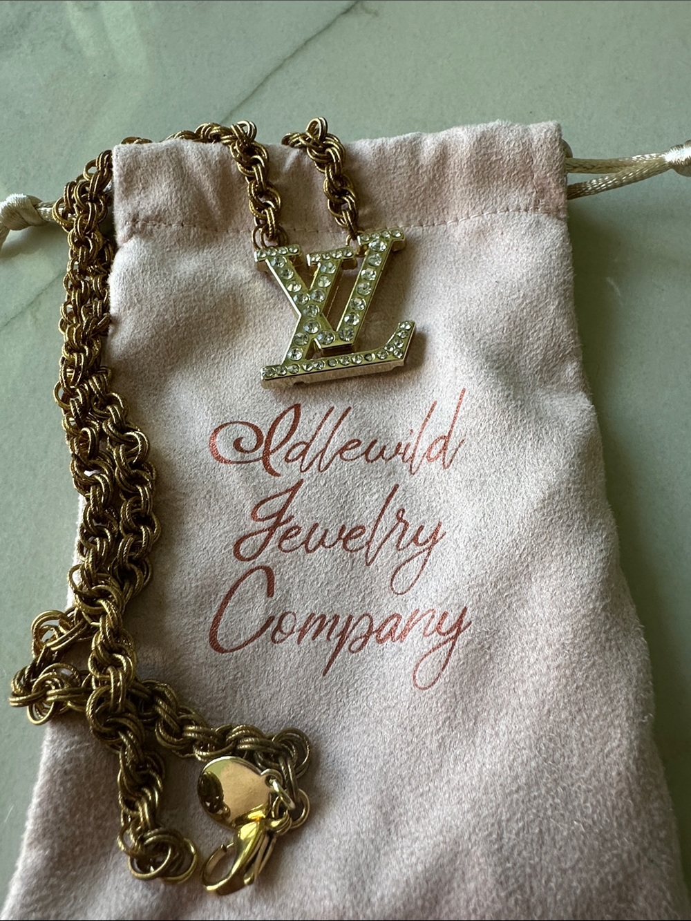 Gold Crystal LV Pendant Necklace - Gold Tone